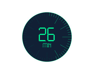 26 min Timer icon, 26 minutes digital timer. Clock and watch, timer, countdown