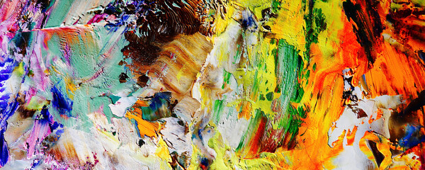 Bunter abstrakter Malereihintergrund. Moderne Motive bildende Kunst. Intensive mehrfarbige Mischung aus lebendigen Ölfarben. Trendige handbemalte Leinwand. Malen Sie Pinselstriche auf Leinwand für trendige Postertapeten. © Valeriy