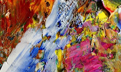 Bunter abstrakter Malereihintergrund. Moderne Motive bildende Kunst. Intensive mehrfarbige Mischung aus lebendigen Ölfarben. Trendige handbemalte Leinwand. Malen Sie Pinselstriche auf Leinwand für trendige Postertapeten. © Valeriy