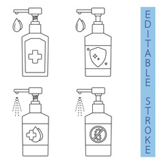 Hand sanitizer. Spraying antibacterial liquid. Hand disinfectant dispenser. Sanitizer liquid soap. Silhouette of bottle in outline. Applying a moisturizing antiseptic. Antiseptic gel. Vector