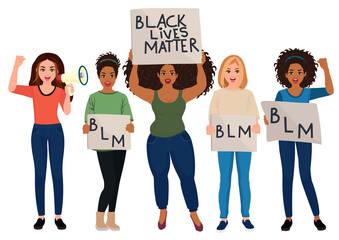 Black Lives Matter. Illustration of anti racist protesters. Vector illustration.