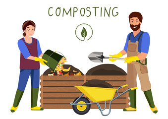 Composting. Man and woman making compost. Zero waste concept. Vector illustration.