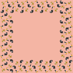 The girly square frame of cartoon funny rainbow toucan, tapirs, leopards characters on a pink background. The place for text. Vector.