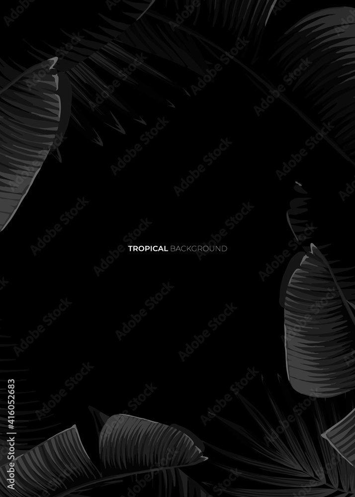 Wall mural Dark monochrome tropical design with exotic banana leaves, soft neon frames and space for text. Vector summer template for poster, banner, card or flyer.