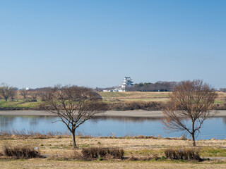 早春の茨城県境町の利根川河川敷の風景