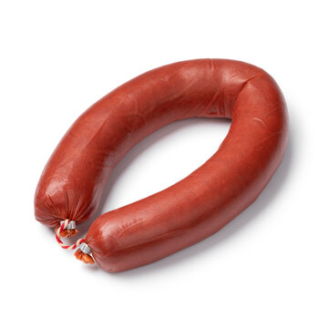 Whole Turkish sausage, sucuk close up isolated on white background