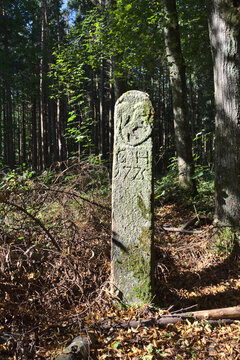 Boundary marker in a forest in Bavaria with sun rays shining through the trees