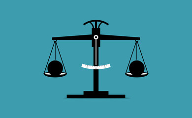 Scale of justice measuring the weight of two objects and they are equal in weight. Vector illustration concept of same, balanced, unbiased, and justice. - obrazy, fototapety, plakaty