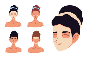 faces cartoon women applying cream taking care of her skin