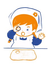 料理をするこども（クッキー作り中に抜き型にくっついた生地を「あらまー」のぞく女の子）のあたたかい手描き風イラスト