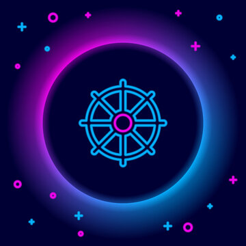 Glowing neon line Dharma wheel icon isolated on black background. Buddhism religion sign. Dharmachakra symbol. Colorful outline concept. Vector.