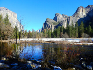 Scenic view of the Merced River that flows through Yosemite National Park, in the Sierra Nevada...