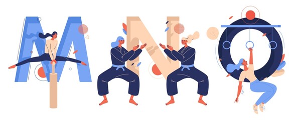 Letters M for mallakhamb yoga, N for ninjutsu martial arts fighters, O for obstacle course racing women training. Educational collection with active female characters drawn with blue and beige