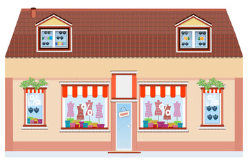 Fashion house. Clothing store. Commercial premises. Construction. House. Supermarket. Business concept, trade in seasonal goods. Clothes for all family. Discount, black friday. Flat illustration