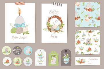 Set of Easter cards, notes, stickers, labels, stamps, tags.
