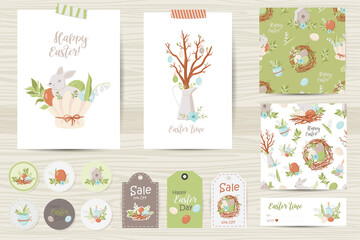 Set of Easter cards, notes, stickers, labels, stamps, tags.