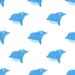 Seamless pattern with blue funny dolphin. Vector background. Baby fabric textile. Summer backdrop. For wrapping, package product, t shirt clothes print.