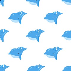 Seamless pattern with blue funny dolphin. Vector background. Baby fabric textile. Summer backdrop. For wrapping, package product, t shirt clothes print.