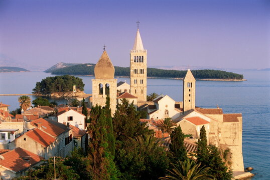 Medieval Rab Bell Towers and elevated view of the town, Rab Town, Rab Island, Dalmatia, Dalmatian coast, Croatia, Europe