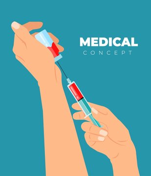 Doctor holding a syringe with an injection vector illustration. Prevention of virus diseases. COVID-19 Vaccination. Syringe with blood. Injection. Syringe in doctor hand. Doctor hold medical syringe