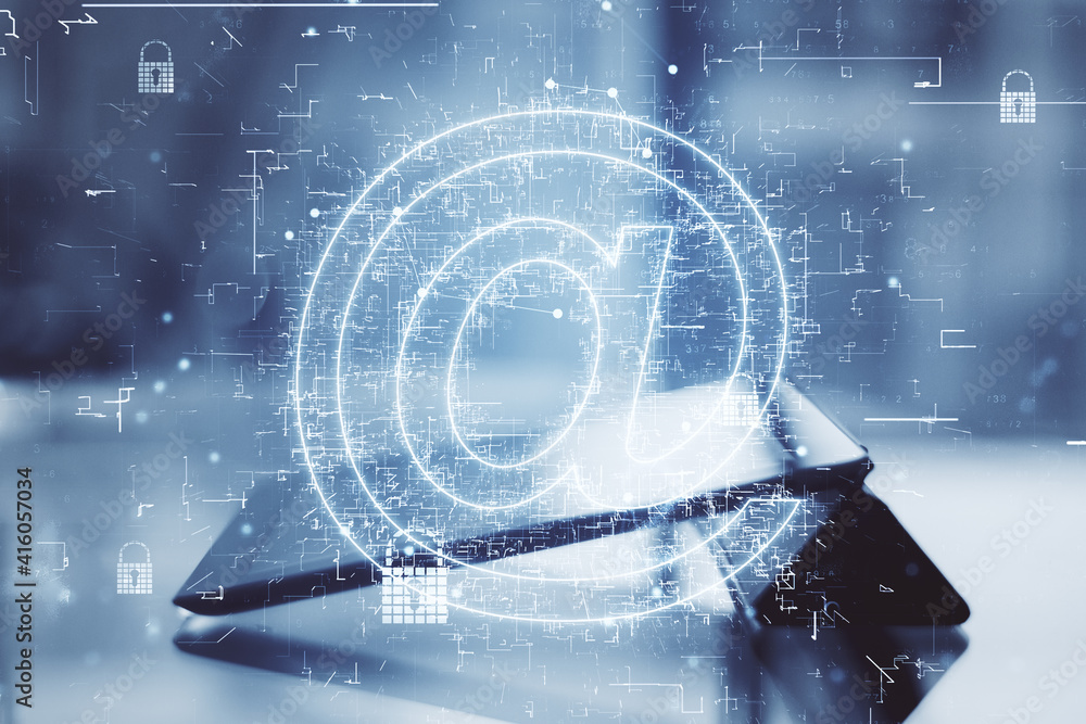 Poster world mail technology with digital email symbol at digital tablet on table background. double exposu