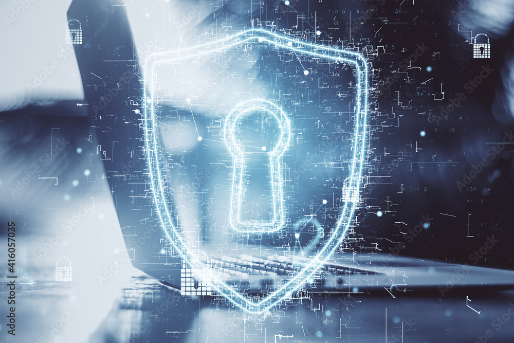 Aufkleber intellectual property protection concept with digital glowing keyhole sign and laptop at abstract ba