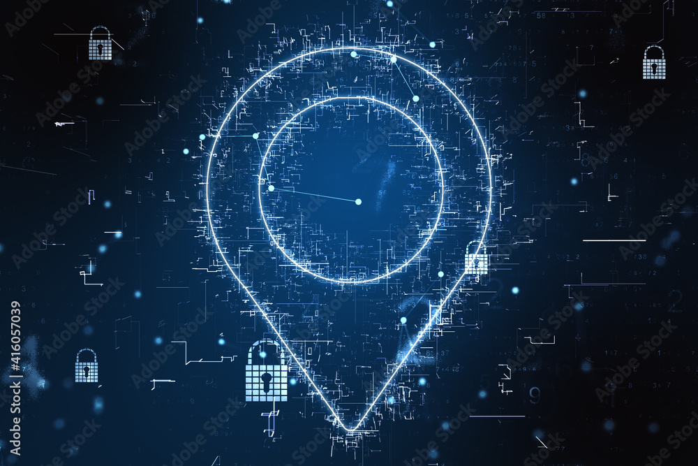 Aufkleber Navigation system technology with digital glowing geolocation symbol and locks around at dark background