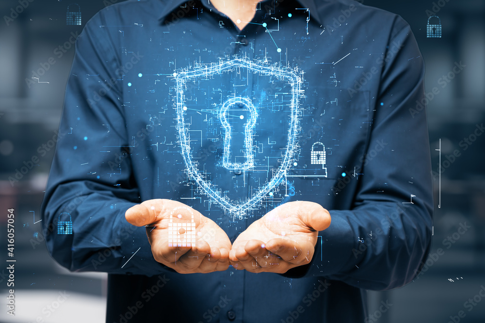 Poster internet security concept with digital keyhole sign between businessman opened hands. double exposur