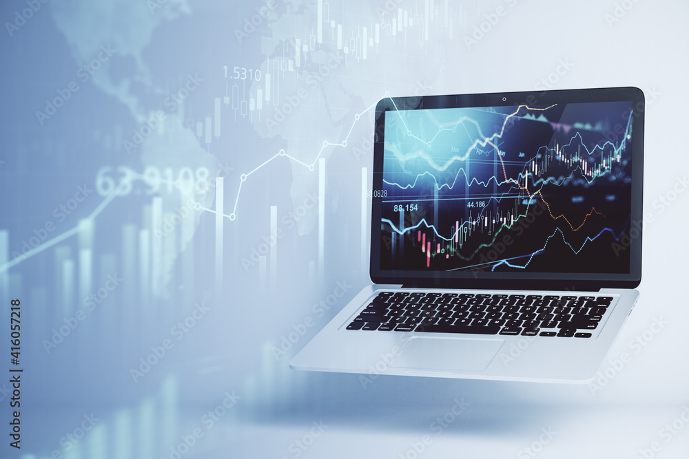 Poster Online forex chart analysis with opened laptop with financial diagrams and lines on display at abstract stock market background. Double exposure