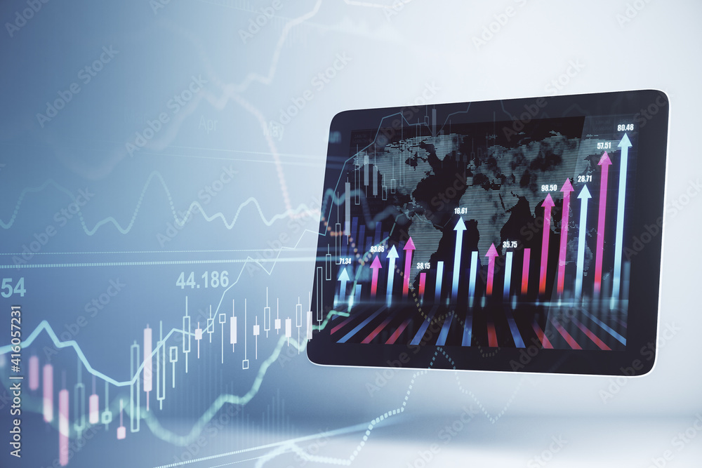 Poster financial market analysis concept with digital tablet and forex graphs on display and transparent sc