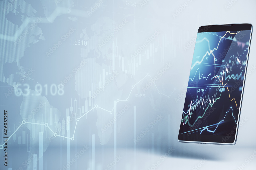 Poster Online trading concept with forex chart on smartphone display and stock market graphs at background. Double exposure