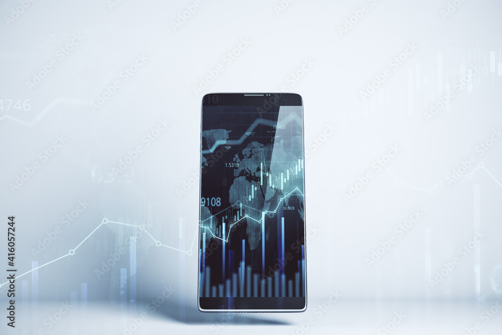 Poster online investment concept with stock market graphs on smartphone screen and financial graphs at back