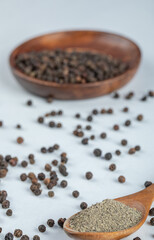A wooden plate of dried pepper and wooden spoon