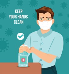 Keep hands clean disinfection concept. Man disinfecting hands with wearing a mask. Using antiseptic gel to clean hands and prevent germs. Applying a moisturizing sanitizer. Flat Vector illustration