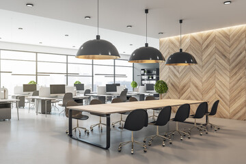 Modern eco style interior in open space office with big windows, wooden wall and conference table and concrete floor