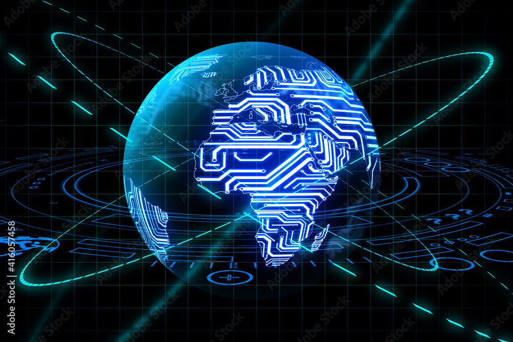 Poster Global technology concept with digital world planet, microchip part of world map inside and rings around at abstract background