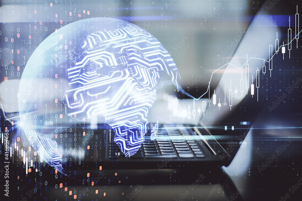 Poster Artificial intelligence and finance concept with digital microchip world map and opened laptop