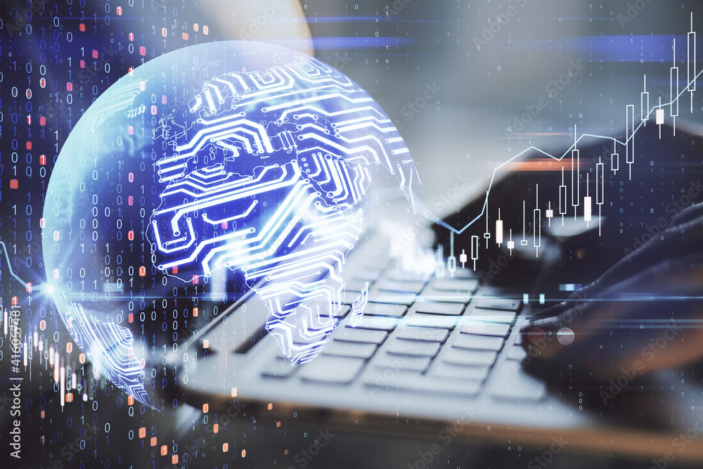 Aufkleber Robotic stock market concept with digital planet and microchip world map and human hands typing laptop keyboard