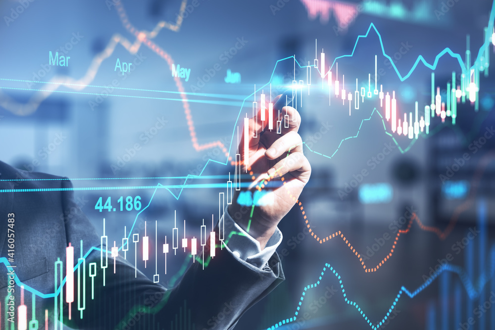 Poster global investment concept with businessman touching digital screen with forex chart graphs by pen