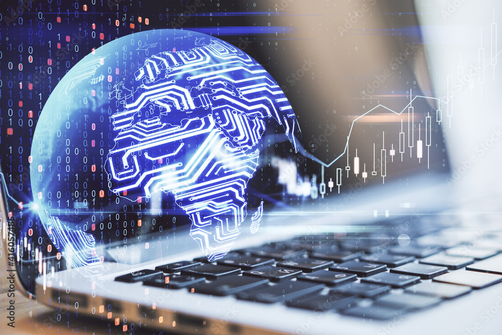 Aufkleber Algorithmic trading system concept with digital diagram, programming numbers and microchip worl map at opened laptop background