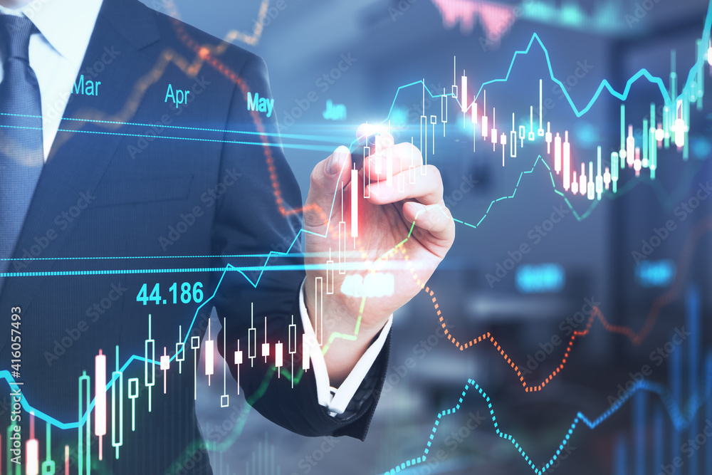 Poster trading and investment concept with businessman writing on digital screen with financial graphs, lin
