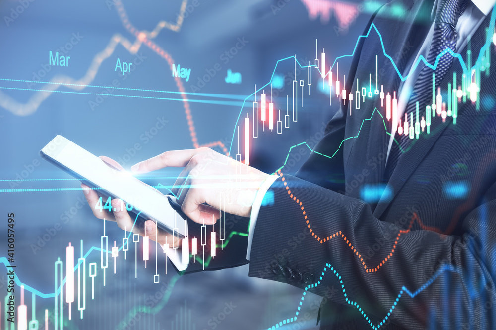 Poster Online trading concept with businessman using smartphone and digital display with forex chart diagrams and candlestick