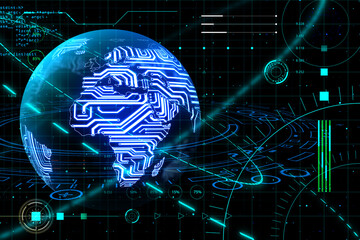 World communication and big data concept with digital glowing world planet, microcircuit scheme and abstract technology background