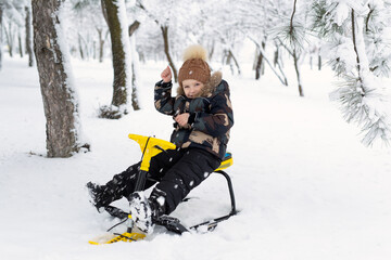 Fototapeta na wymiar Small boy sits on a sledge, snowcat in a snow-covered forest.