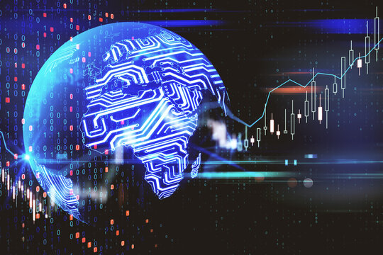 Global communication network concept: digital screen with candlestick, world planet, microchip scheme and programming language elements - Powered by Adobe