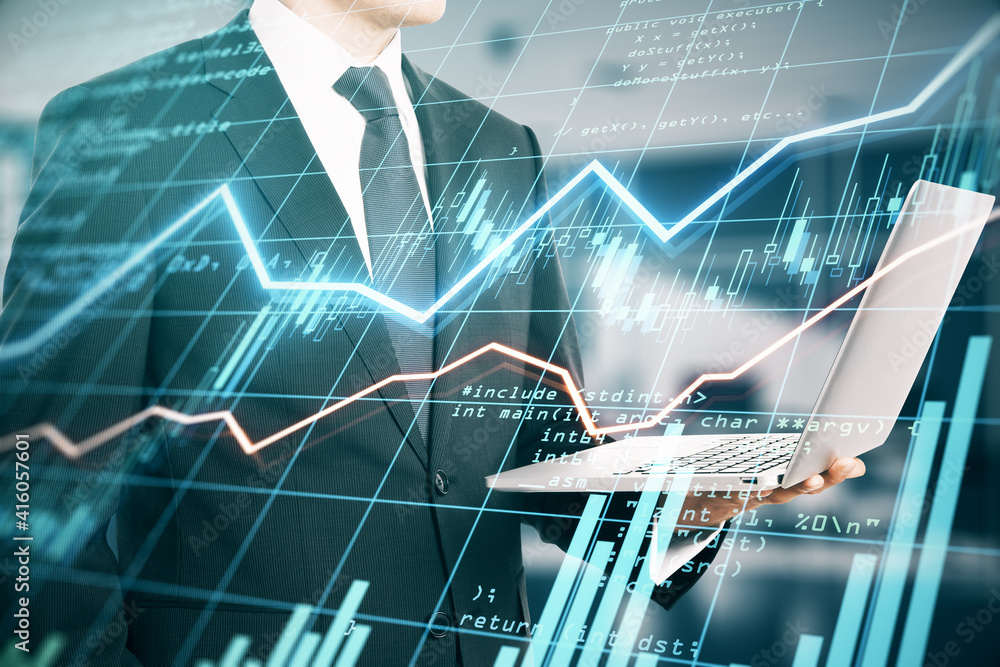 Poster stock market analysis in process with businessman looking after forex chart changes and digital fina
