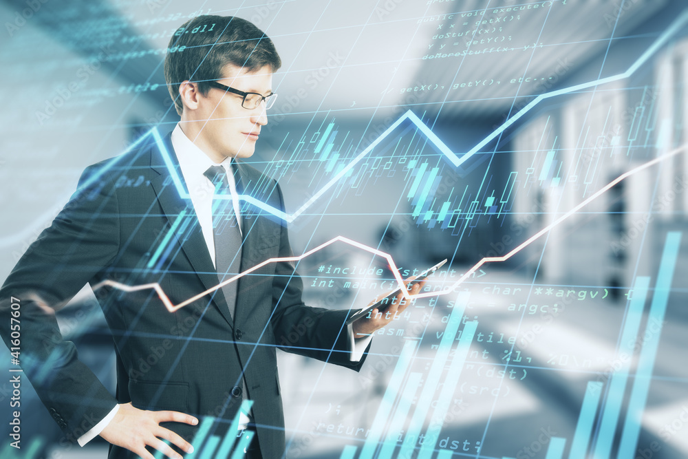 Poster business trading analysis concept with businessman looking at laptop and digital screen with forex c