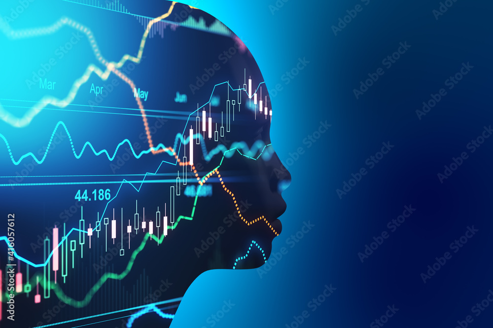 Poster Artificial intellingence trading concept with robot silhouette at blue background and forex chart data with financial graphs inside. Double exposure