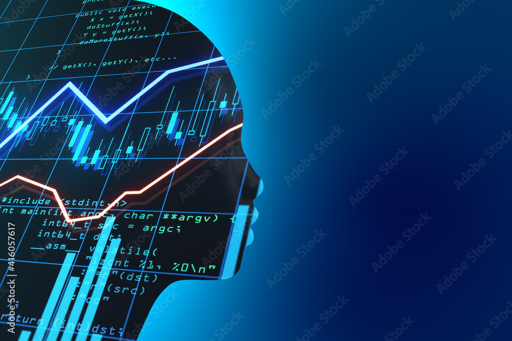 Poster Future financial technology controlled by artificial intellingence concept with head silhouette and stock market data inside. Double exposure