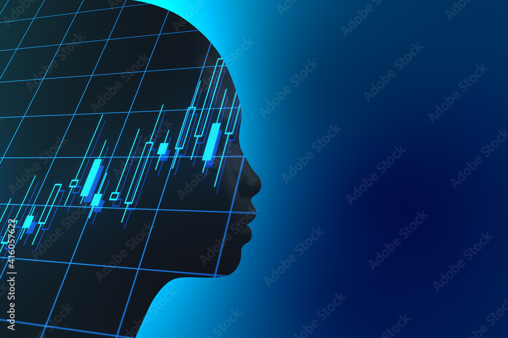 Poster Business data analysis concept with robot silhouette at blue background and financial chart inside. Double exposure